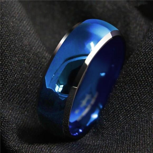 Men's Blue Domed Wedding Band with Beveled Silver Edges - Men's Wedding Rings - Picture 7 of 8